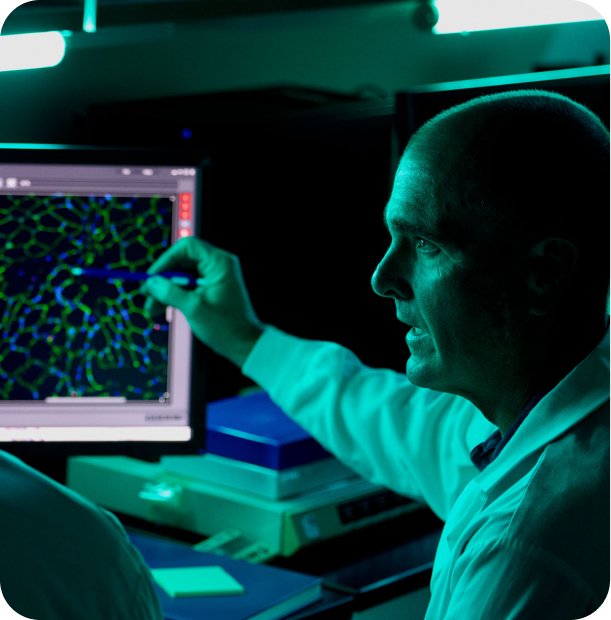 Two scientists reviewing results on two computer screens