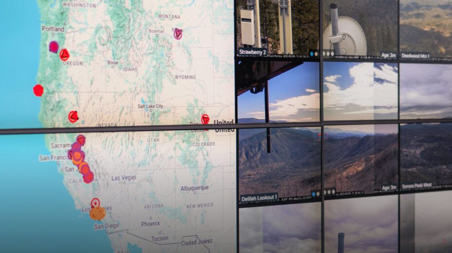 Collection of screens with camera feeds from surveillance cameras placed throughout California, along with a map of the state highlighting their locations