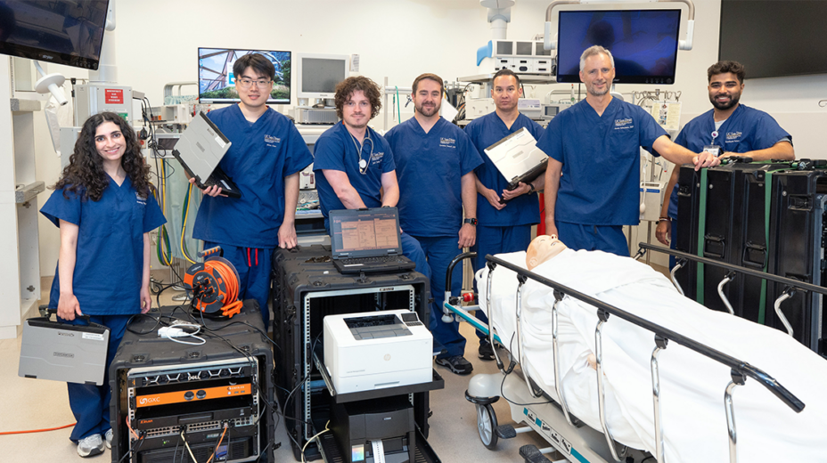 UC San Diego Center for Healthcare Cybersecurity Project CRASHCART team members, from left to right: Almog Bar-Yossef, Alex Gao, Jeff Tully, M.D., Christian Dameff, M.D., Jonathon Guthrie, Aaron Schulman, Ph.D., and Kartikeyan Subramanyam.